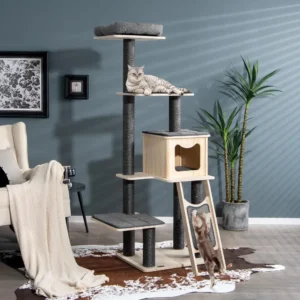 69 Inch 5-Tier Wood Cat Tower with Scratching Sisal Posts